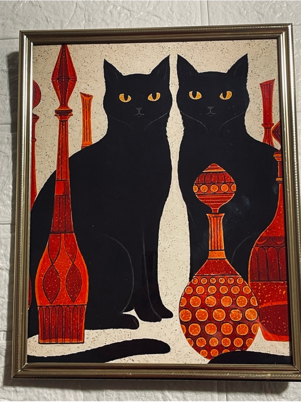 Vintage Black Cats Art Print with Orange Accents